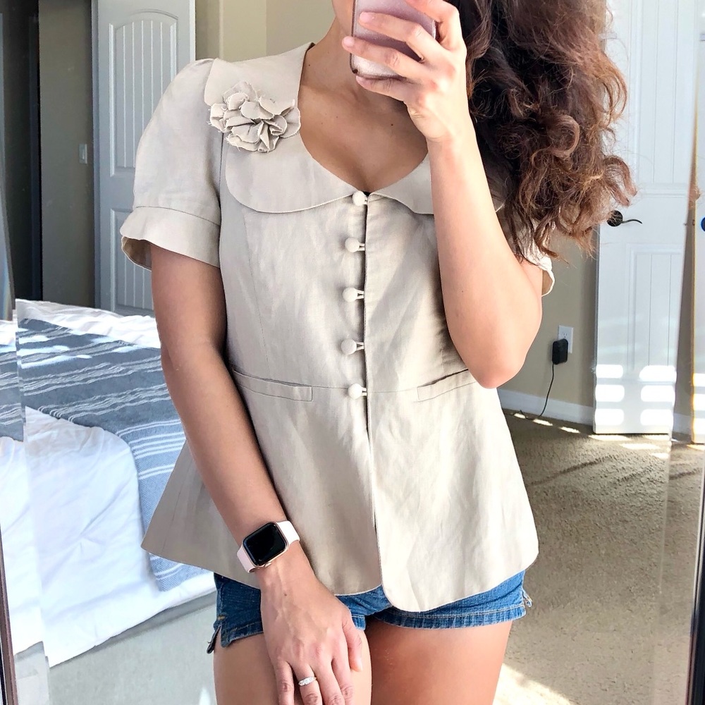 Linen Blend Floral Brooch Career Peplum Blouse